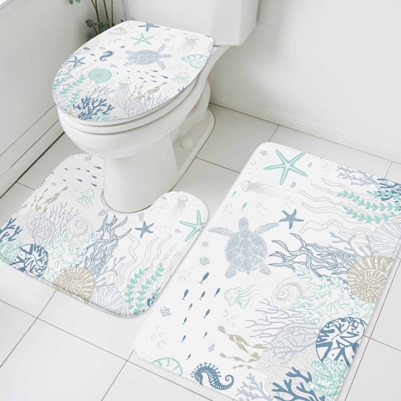 Summer Ocean Bathroom Rugs Set Teal Grey Shell Coral Turtle Starfish Marine Life Non Slip Absorbent Soft Bath Mats 3 Piece Set with Bathroom Rug, U-Shaped Floor Mat, Toilet Seat Cover Large Size