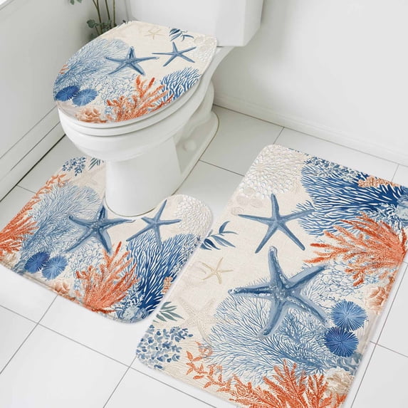 Summer Ocean Bathroom Rugs Set Vintage Nautical Sea Orange Blue Starfish Corals Seashell Non Slip Absorbent Bath Mats 3 Piece Set with Bathroom Rug, U-Shaped Floor Mat, Toilet Seat Cover Small Size