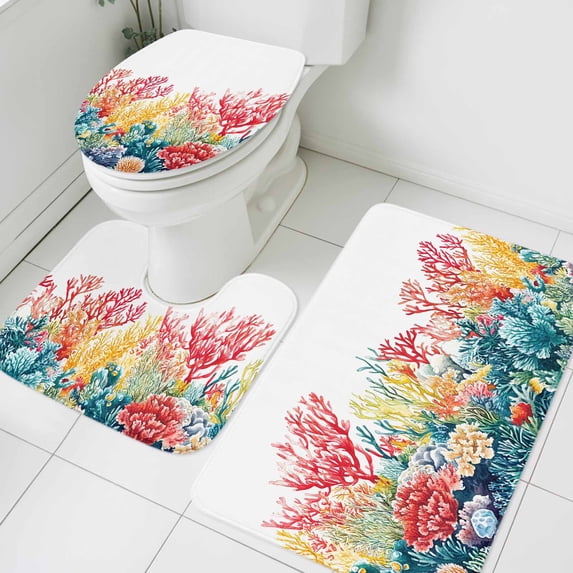 Summer Ocean Bathroom Rugs Set Watercolor Red Green Coral Non Slip Absorbent Soft Bath Mats 3 Piece Set with Bathroom Rug, U-Shaped Floor Mat, Toilet Seat Cover Small Size