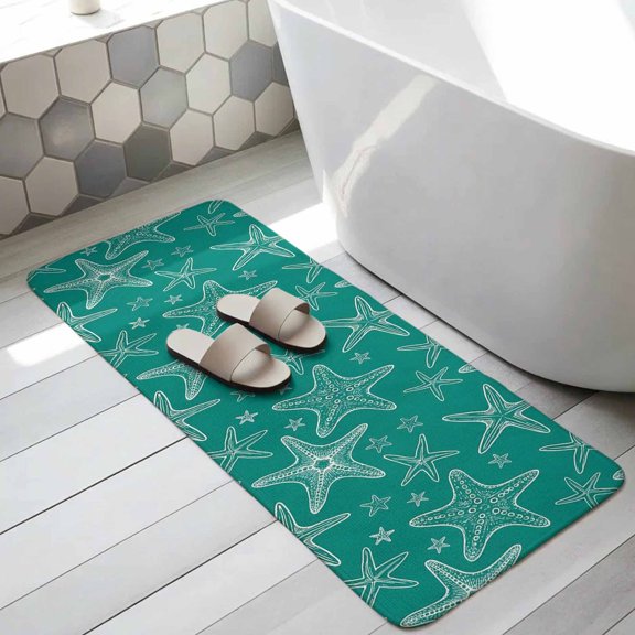 Summer Ocean Bathroom Runner Rugs Non Slip Washable Absorbent Narrow Long Bath Mat Coastal Starfish Marine Life Green Runner Rugs for Kitchen Hallway Bedroom Laundry Study Room 19.7"x63"
