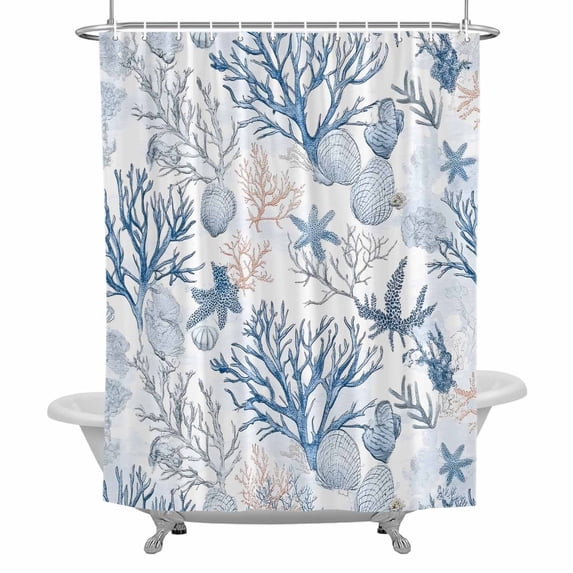 Summer Ocean Bathroom Shower Curtain, Blue Coral Seashell Starfish Nautical Coastal Waterproof Washable Soft Bath Curtain for Bathtub Decor with 12 Hooks&Grommet, 36x72 Inch