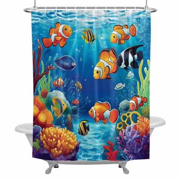 Summer Ocean Bathroom Shower Curtain, Clownfish Coral Seagrass Underwater World Waterproof Washable Soft Bath Curtain for Bathtub Decor with 12 Hooks&Grommet, 36x72 Inch