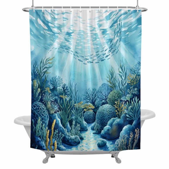 Summer Ocean Bathroom Shower Curtain, Nautical Watercolor Sea Coral Seaweed Fish Marine Life Waterproof Washable Soft Bath Curtain for Bathtub Decor with 12 Hooks&Grommet, 36x72 Inch