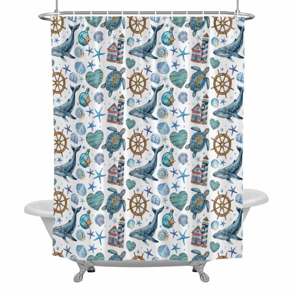 Summer Ocean Bathroom Shower Curtain, Watercolor Sea Turtle Whale Brown Rudder Coastal Shell Waterproof Washable Soft Bath Curtain for Bathtub Decor with 12 Hooks&Grommet, 36x72 Inch