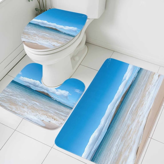 Summer Ocean Beach Bathroom Rugs Set Modern Blue Sky Marine Non Slip Absorbent Soft Bath Mats 3 Piece Set with Bathroom Rug, U-Shaped Floor Mat, Toilet Seat Cover Small Size