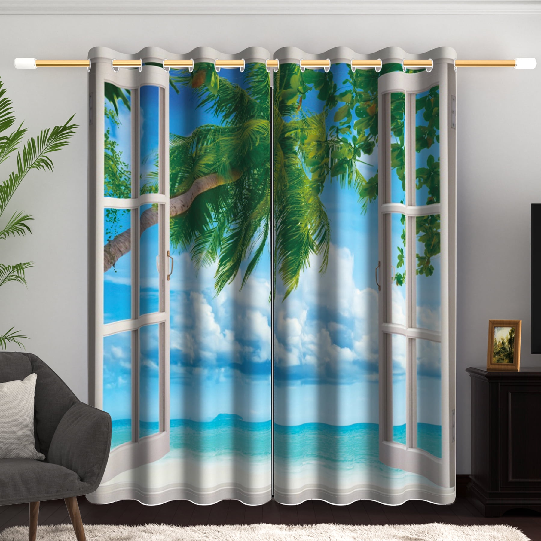 Summer Ocean Beach Blackout Curtains, Room Darkening Grommet Curtains, White Window View, 52"x96", 2 Panel