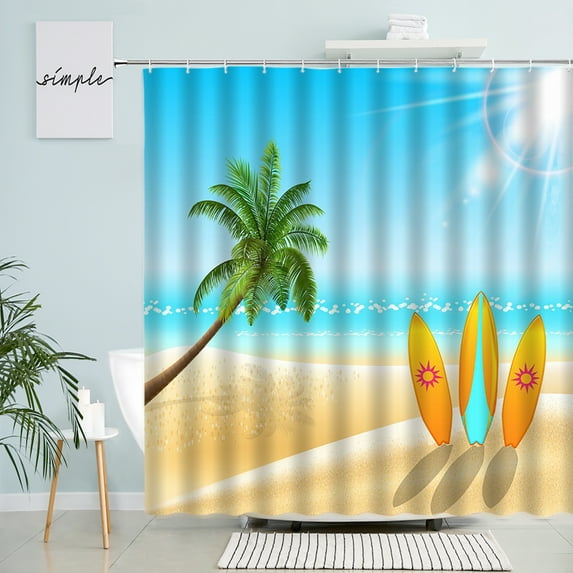 Summer Ocean Beach Camping Surf Shower Curtain Palm Trees Travel Bus Surfboard Pattern Polyester Fabric Bathroom r