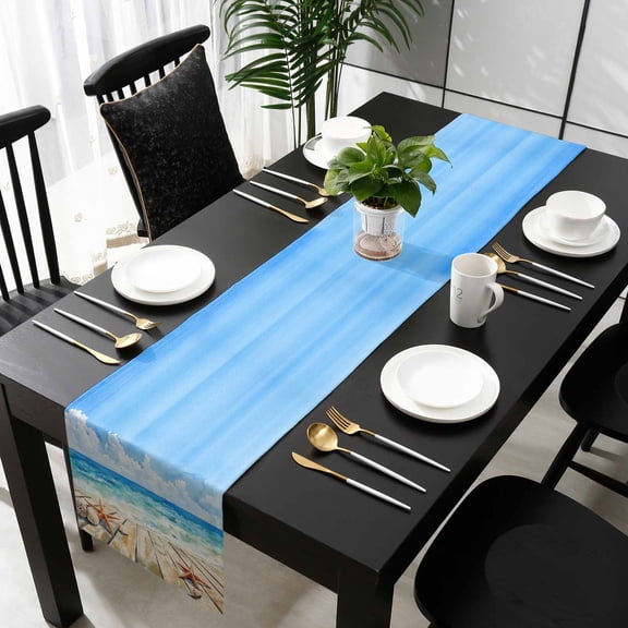Summer Ocean Beach Cotton Linen Long Table Runner 13 x 108 inch Coastal Starfish Seashells Blue Sky Non-slip Rectangular Dining Table Decor for Wedding Party Holiday Dinner
