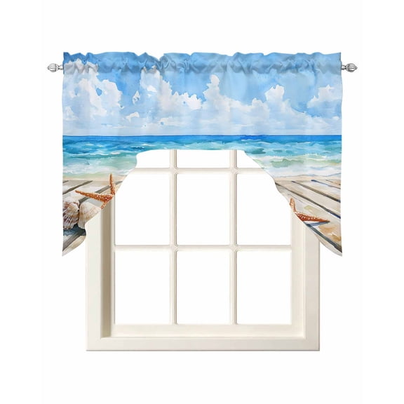 Summer Ocean Beach Kitchen Curtains Swag Valance for Windows/Bathroom/Cafe, Coastal Starfish Seashells Blue Sky Rod Pocket Drape Panel Swag Curtain Valance for Bedroom/Living Room 55''x36''