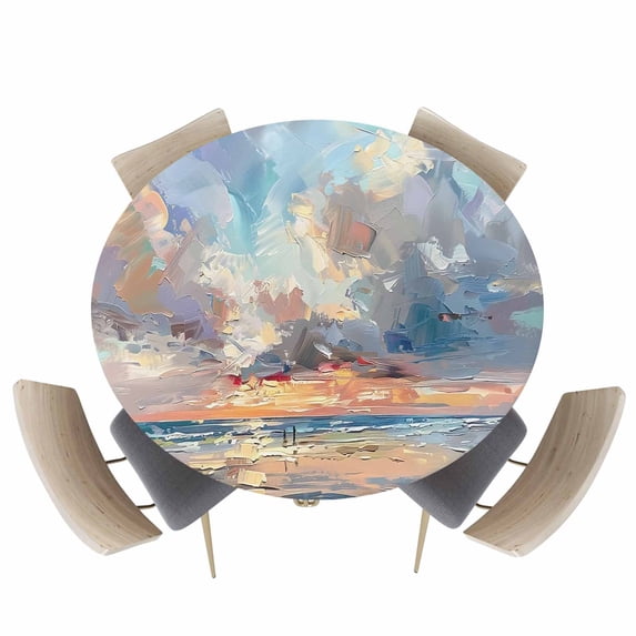 Summer Ocean Beach Oil Painting Art Fitted Round Tablecloths Elastic Edged Table Covers 55"-60",Abstract Sky Seashore Seaside Waterproof Dining Room Kitchen Table Cloth for Holiday Party Tables Decor