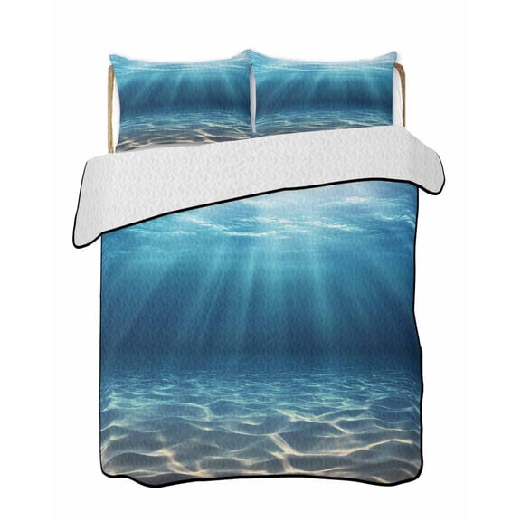 Summer Ocean Beach Quilts Bedding Set King Size Modern Undersea Light Lightweight Quilted Bedspread 3 Piece Bed Quilt with 2 Pillow Shams All Season for Bedroom 90" x 96"