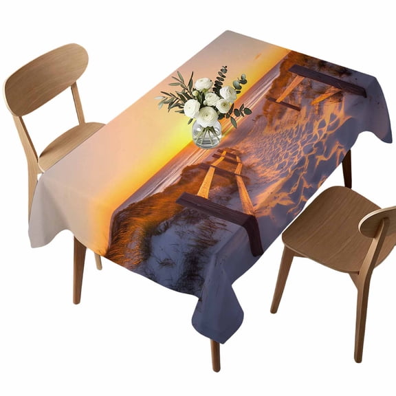 Summer Ocean Beach Rectangle Tablecloth Country Sunset Boardwalk Waterproof Wrinkle Free Soft Table Cloth Spill-Proof Washable Table Cover for Dining Party Picnic 52 x 70 Inch