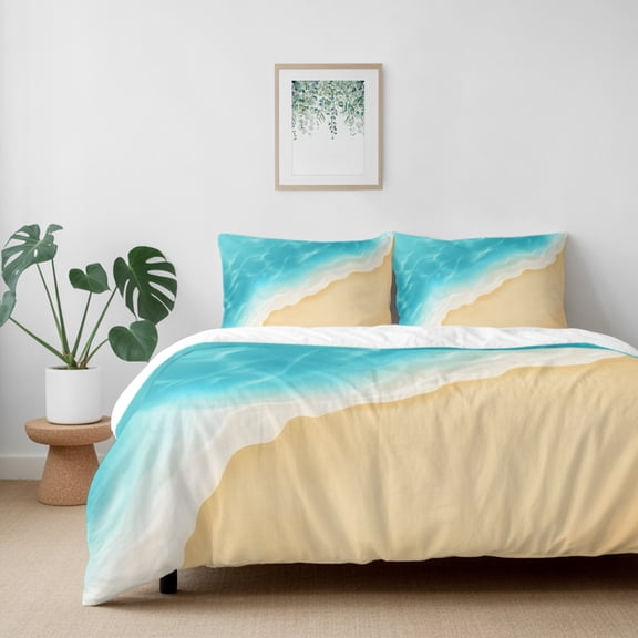 Summer Ocean Beach Sand California King Size Bed Set,Teal Gradient Water Ripple Bedding for All Seasons,4 Pcs Bed Set with 1 Quiltcover (96"x104"),1 Sheet (110"x98"),2 Pillowcases (20"x36")