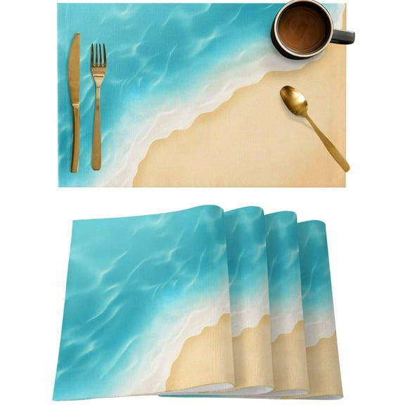 Summer Ocean Beach Sand Placemats Set of 4,Wipeable Washable Table Mats for Dining Tables,Teal Gradient Water Ripple Place Mats for Kitchen Event Party Tabletop Decor