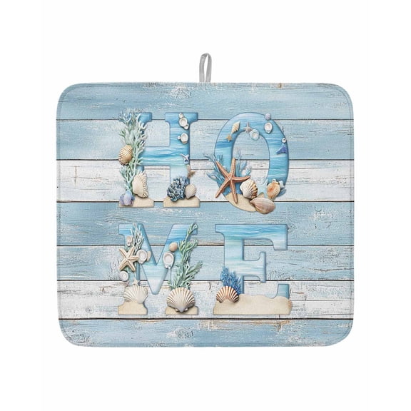 Summer Ocean Beach Shell Home Quote Dish Drying Mats for Kitchen Counter,Absorbent Microfiber Dish Drainer Rack Mat Farm Blue Wood Board Drying Pad for Sinks,Utensils,Countertops,16x18in