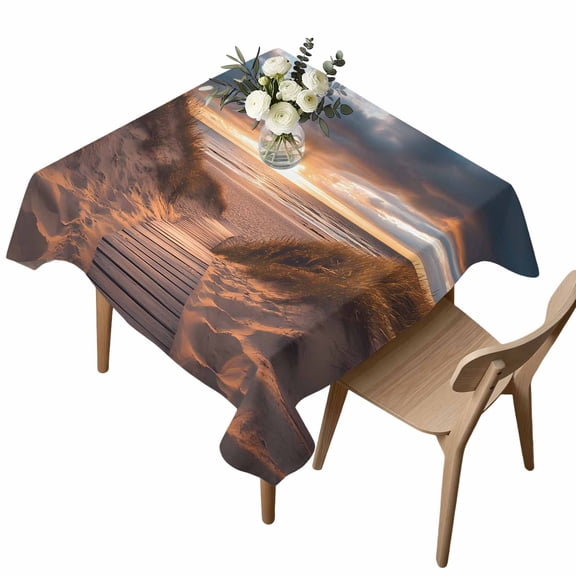 Summer Ocean Beach Square Tablecloth Modern Sunset Boardwalk Waterproof Wrinkle Free Soft Table Cloth Spill-Proof Washable Table Cover for Dining Party Picnic 60 x 60 Inch