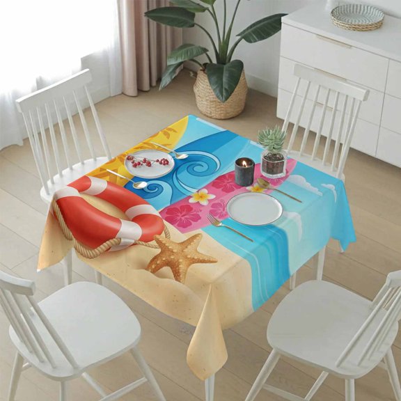 Summer Ocean Beach Surfboard Table Cloth 54x54in, Waterproof Square Tablecloth Wipeable Tablecloths Swim Rings Starfish Blue Sky Table Covers for Dining Tables Party Indoor Outdoor