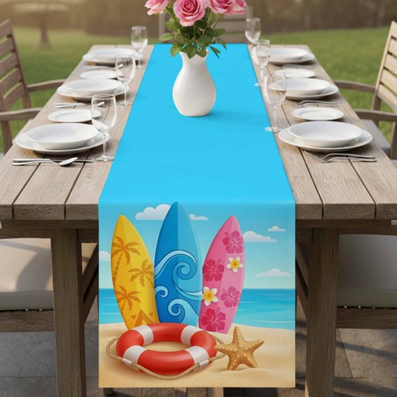 Summer Ocean Beach Surfboard Table Runner 13x36in Non-Slip Cotton Linen Table Runners, Swim Rings Starfish Blue Sky Dresser Scarves TableRunner for Dinner Kitchen Dining Wedding Party