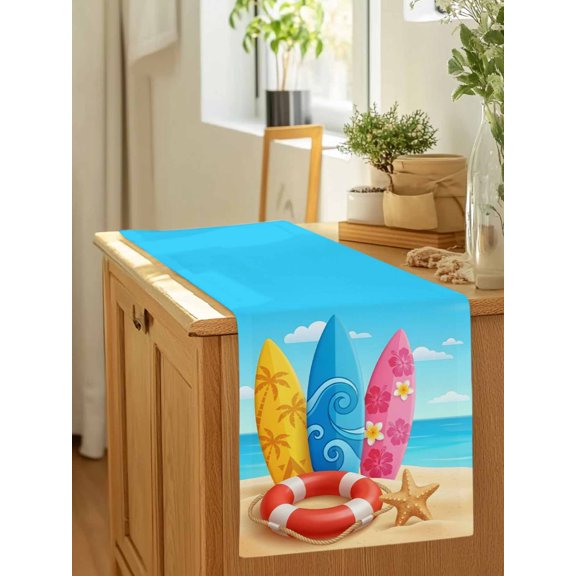Summer Ocean Beach Surfboard Table Runner 36 Inches Long,Kitchen Dining Tablerunners Swim Rings Starfish Blue Sky Linen Table Runners Dresser Scarves for Home Dinner Wedding Holiday Party Decor