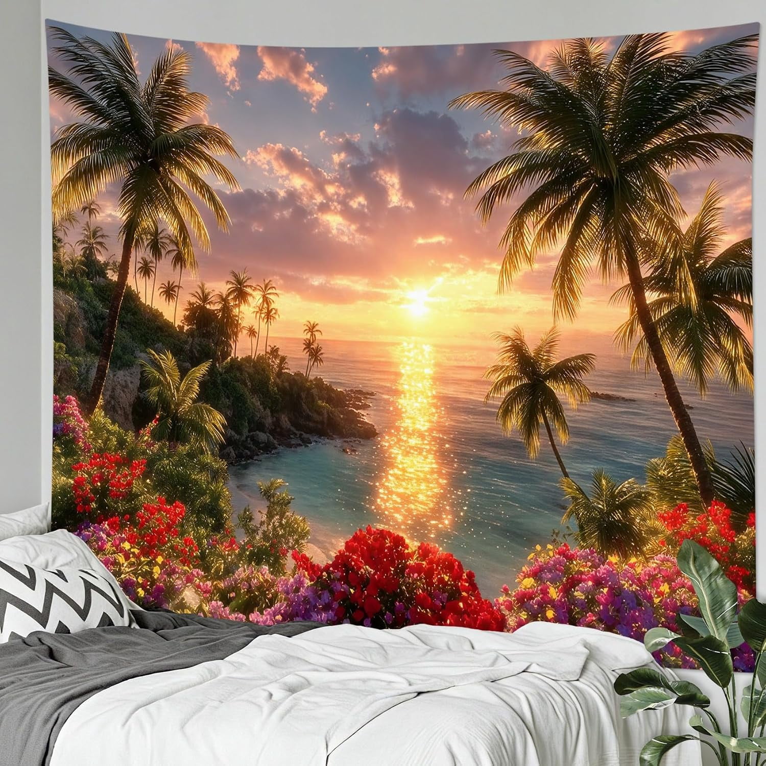 Summer Ocean Beach Tapestry Hawaiian Tropical Beach Backdrop Palm Tree ...