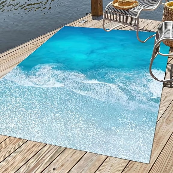 Summer Ocean Beach Theme Area Rug, Blue Water Waves Indoor Non Slip Throw Accent Rug, Machine Washable Breathable Durable Carpet For Room Sofa Living Room Home Decor 2x3ft