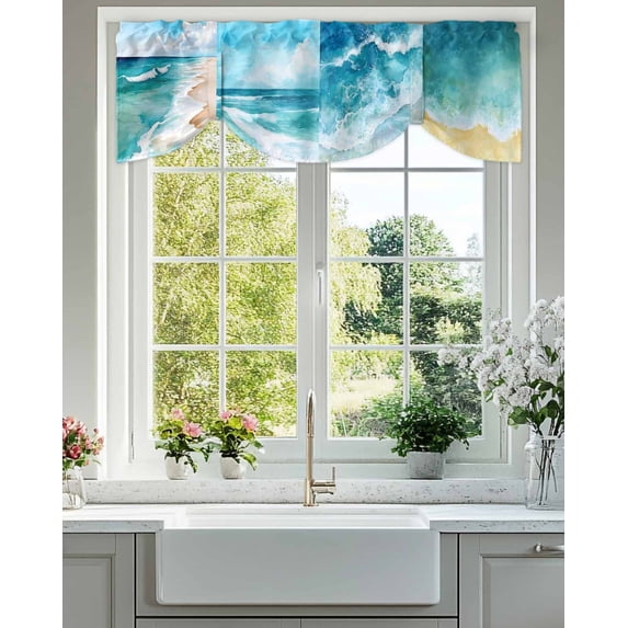 Summer Ocean Beach Tie Up Valances Curtain, Adjustable Kitchen Blue Sky Marine Waves Valances for Windows Decor, Rod Pocket Short Curtains Set for Bedroom/Bathroom, 42"x12"