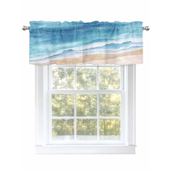 Summer Ocean Beach Valances for Windows, Rod Pocket Kitchen Valance Curtains - Soft & Washable Small Window Treatment for Living Room,&nbsp;Bathroom, Gradient Blue Wave , 42x12 Inch, 1 Panel