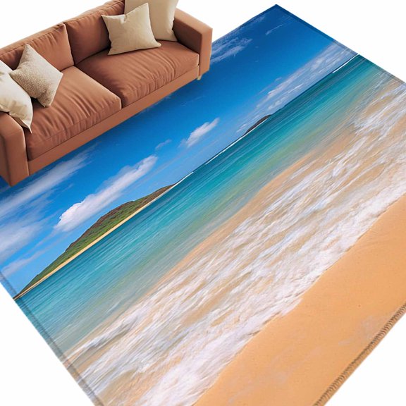 Summer Ocean Beach Wave Area Rug 8x10ft Modern Blue Marine Sky Non-Slip Washable Square Rugs Soft Felt Indoor Floor Mat for Bedroom Kitchen Living Room Bathroom