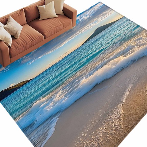 Summer Ocean Beach Wave Area Rug 8x10ft Modern Blue Sky Marine Non-Slip Washable Square Rugs Soft Felt Indoor Floor Mat for Bedroom Kitchen Living Room Bathroom