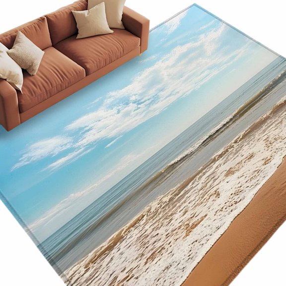 Summer Ocean Beach Wave Area Rug 8x10ft Modern Marine Sky Non-Slip Washable Square Rugs Soft Felt Indoor Floor Mat for Bedroom Kitchen Living Room Bathroom