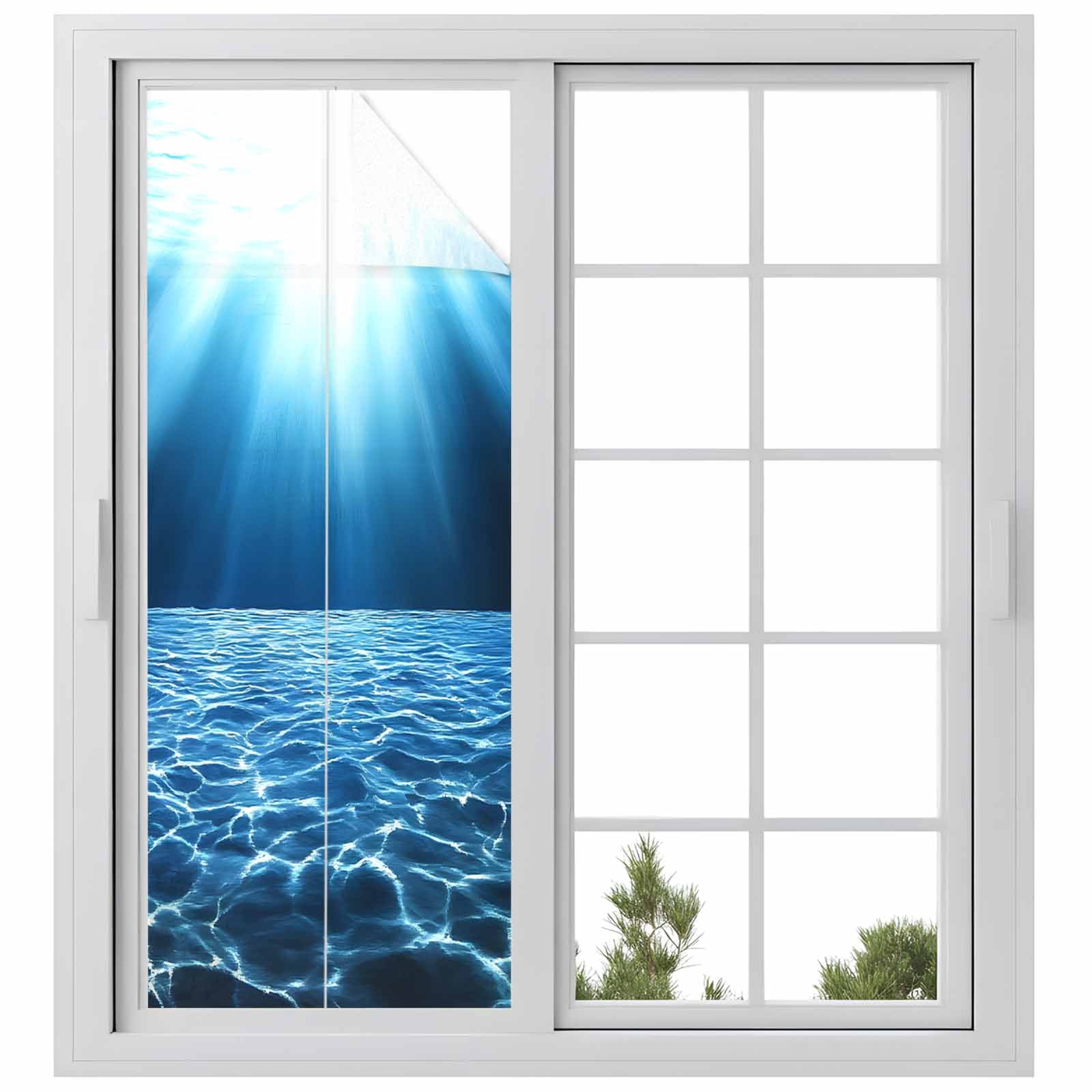 Summer Ocean Beach Window Privacy Film, Modern Blue Undersea Light Frosted Glass Window Clings Static Cling UV Heat Blocking Reusable Door Sticker for Bathroom 23.6 x 59 Inch