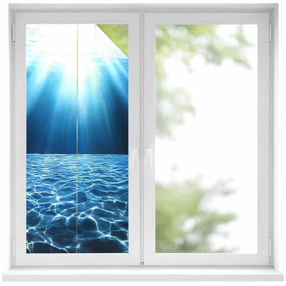 Summer Ocean Beach Window Privacy Film, Modern Blue Undersea Light Frosted Glass Window Clings Static Cling UV Heat Blocking Reusable Door Sticker for Bathroom 17.7 x 39.3 Inch