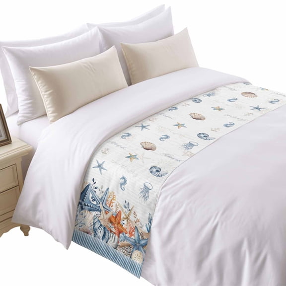 Summer Ocean Bed Runner for Queen Size Bed, Nautical Sea Starfish Shell Coral Seahorse Blue Stripe Soft Bedding Scarf Bedding Protector Slipcover Sofa Throw for Bedroom Hotel Guesthouse