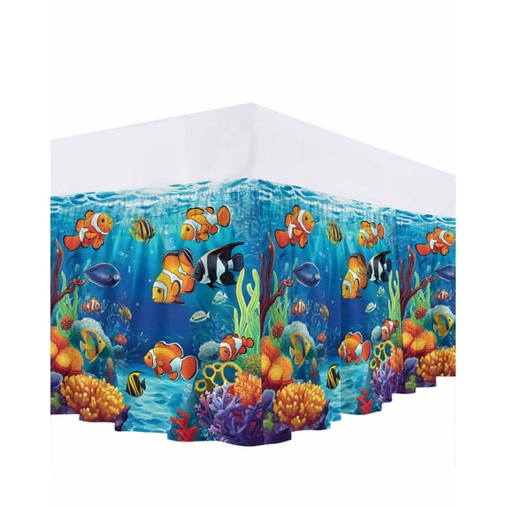 Summer Ocean Bed Skirt Queen Size 18" Drop Clownfish Coral Seagrass Underwater World Ruffled Wrap Around Bed Skirts Adjustable Elastic Bedskirt Dust Ruffle for Queen Size Bed