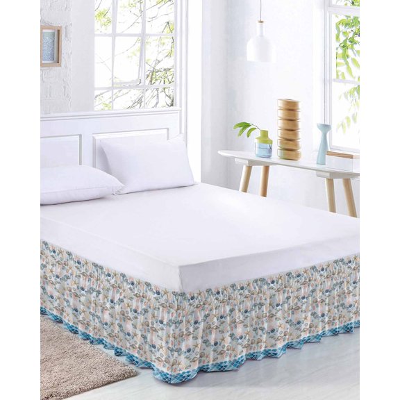 Summer Ocean Bed Skirt Queen Size 18 Inch Drop, Coastal Starfish Conch Shell Blue Wave Seascape Adjustable Elastic Dust Ruffles Bedskirt for Queen Bed Wrap Around Pleated Mattress Frame Cover