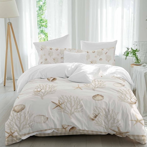 Summer Ocean Beige Shell Queen Size Comforter Set, Nautical Watercolor Sea Starfish Coral Bedding for All Seasons, 4 Pcs Bed Set, 1Quiltcover (90"x92") ,1Sheet(94"x116"), 2Pillowcases (30"x20")