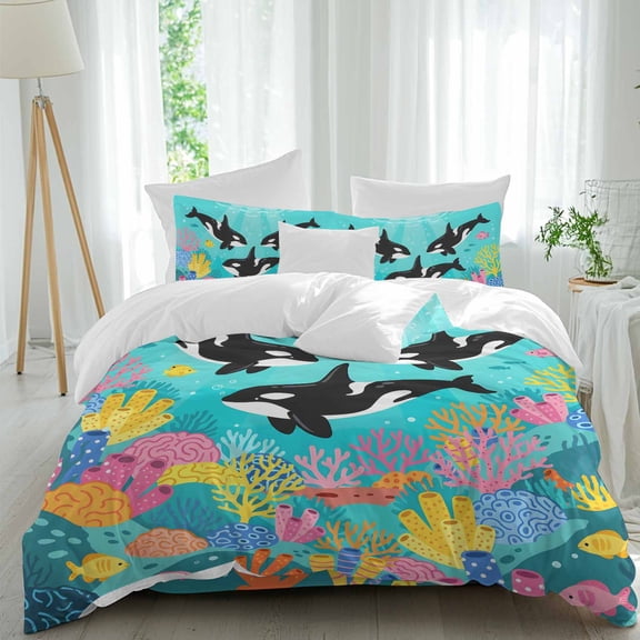 Summer Ocean Black Whale Queen Size Comforter Set, Cartoon Sea Colorful Coral Fish Marine Life Bedding for All Seasons, 4 Pcs Bed Set, 1Quiltcover (90"x92") ,1Sheet(94"x116"), 2Pillowcases (30"x20")