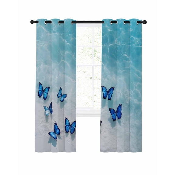 Summer Ocean Blackout Curtains for Bedroom Living Room, Nautical Blue Butterfly Beach Bug 63 In Long Thermal Insulated Room Darkening Drapes Grommet Window Treatments, 52 x 63 In