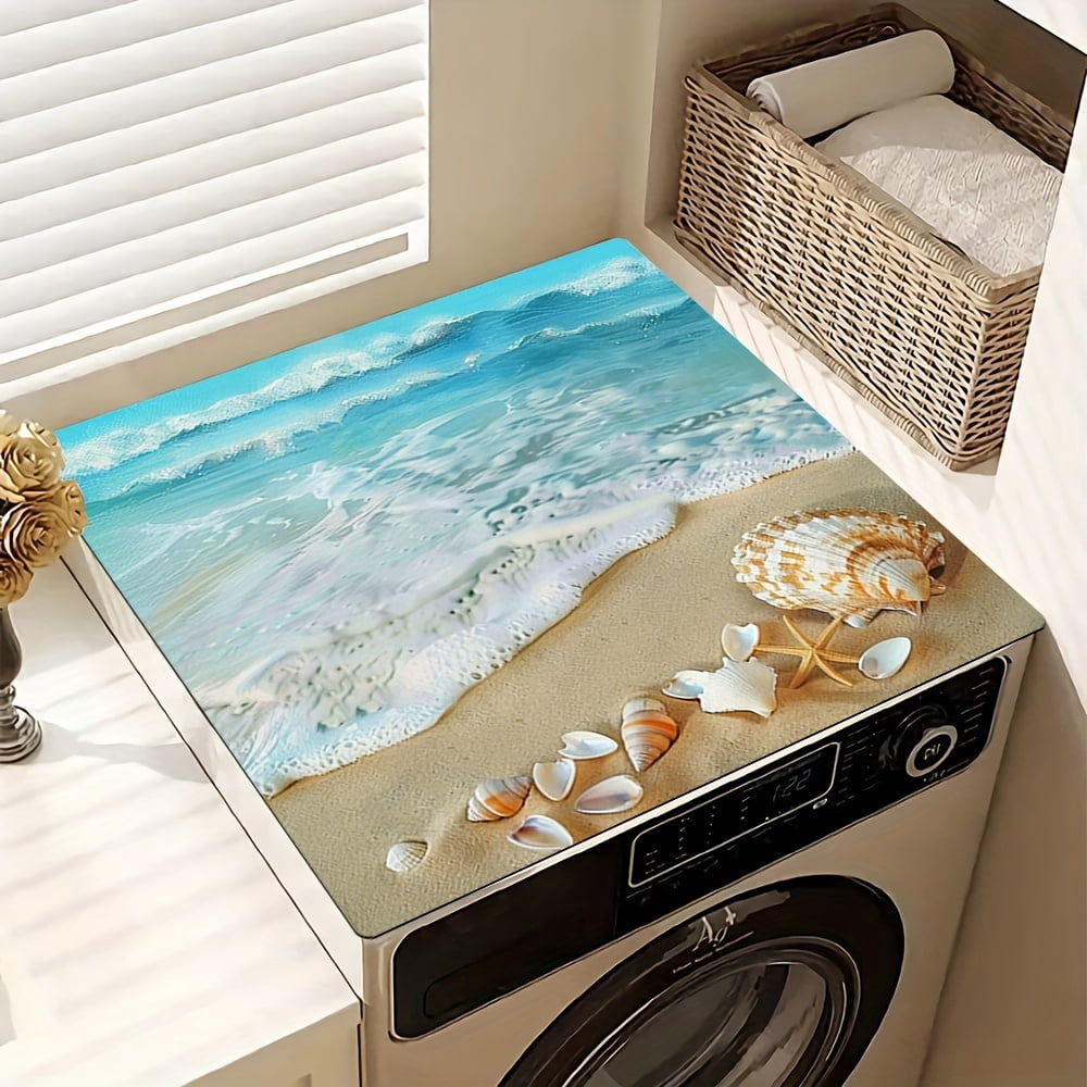 Summer Ocean Blue Coast Marine Life Pattern, Washing Machine Dust Cover Mat, Kitchen Accessories, Non-Slip, For Laundry Bathroom Home Decor, Room Decor