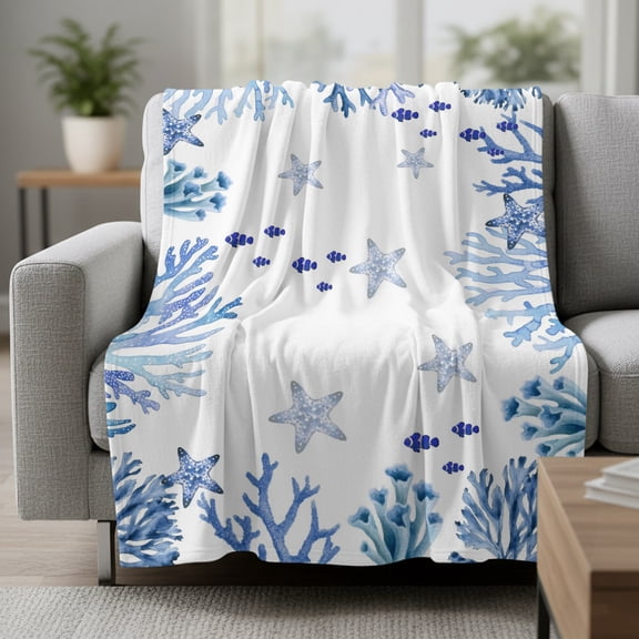 Summer Ocean Blue Coral Fleece Throw Blanket Nautical Sea Watercolor Fish Starfish Ultra Soft Fuzzy Cozy Flannel Throw Blanket for Couch Sofa Bed Car Travel, Ideal Gifts 30x40 Inches