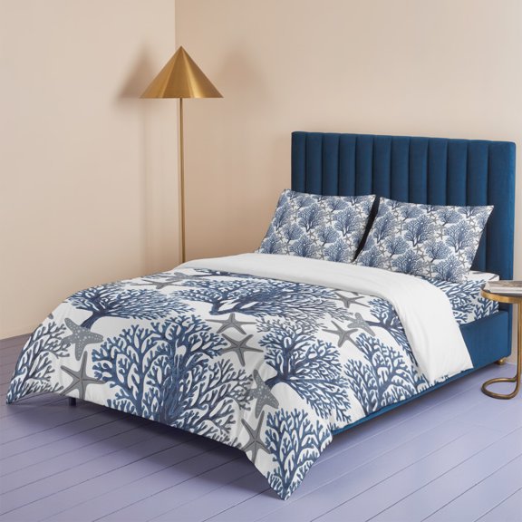 Summer Ocean Blue Coral Starfish Queen Size Bed Set,Underwater World Bedding for All Seasons,4 Pcs Bed Set,1 Quiltcover (90"x90"),1 Sheet (90"x102"),2 Pillowcases (20"x30")