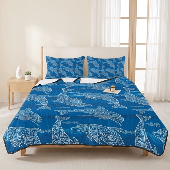 Summer Ocean Blue Dolphin 3 Pieces Quilt Set,1 Quilt with 2 Shams,Abstract Waves Texture Bedspread Soft Lightweight Bedding Coverlet Comforter Set for All Season 96"x106"
