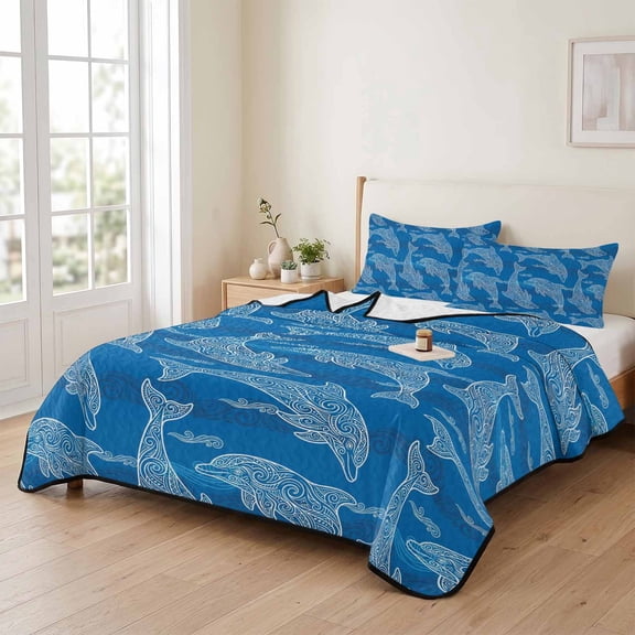 Summer Ocean Blue Dolphin 3 Pieces Quilt Set,1 Quilt with 2 Shams,Abstract Waves Texture Bedspread Soft Lightweight Bedding Coverlet Comforter Set for All Season 90"x96"
