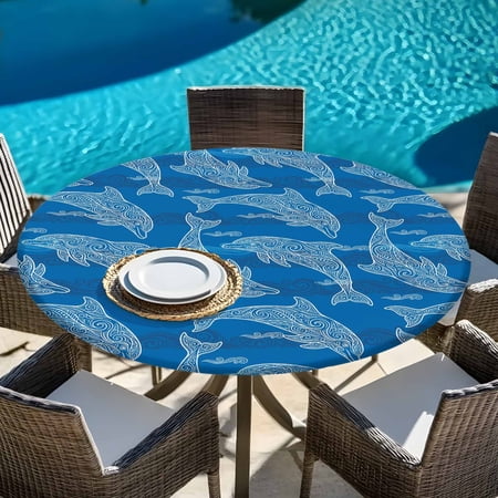 Summer Ocean Blue Dolphin Round Fitted Tablecloth with Elastic Edge,Waterproof Table Cloth Fits Tables Up to 45"-54",Wipeable Table Cover for Indoor Outdoor Dinning Party,Abstract Waves Texture