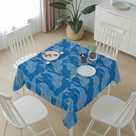 Summer Ocean Blue Dolphin Table Cloth 54x54in, Waterproof Square Tablecloth Wipeable Tablecloths Abstract Waves Texture Table Covers for Dining Tables Party Indoor Outdoor