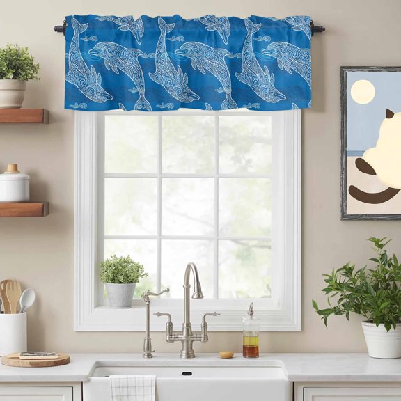 Summer Ocean Blue Dolphin Valances for Windows,Kitchen Valance Rod Pocket Short Curtain, Abstract Waves Texture Valance Curtain Window Valances for Bedroom Bathroom Living Room 54x18in