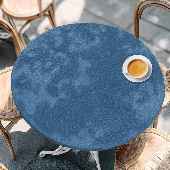 Summer Ocean Blue Retro Round Fitted Tablecloth with Elastic Edge,Waterproof Table Cloth Fits Tables Up to 55"-60",Wipeable Washable Table Cover for Indoor Outdoor Dinning Party,Solid Color