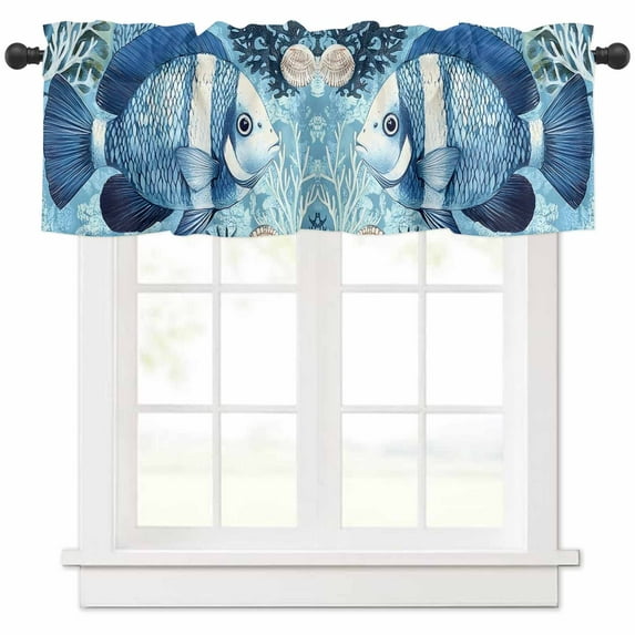 Summer Ocean Blue Valances for Windows Farmhouse Kitchen Curtains Valances Rod Pocket Valance Curtains for Kitchen Windows Coastal Watercolor Fish Coral Window Valances for Bathroom Bedroom 60"x18"