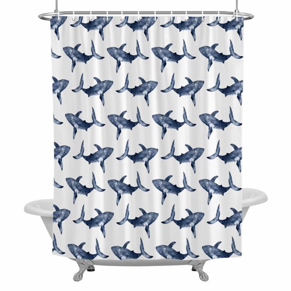 Summer Ocean Blue Whales Bathroom Shower Curtain, Nautical Coastal Sea Watercolor Marine Life Waterproof Washable Soft Bath Curtain for Bathtub Decor with 12 Hooks&Grommet, 36x72 Inch