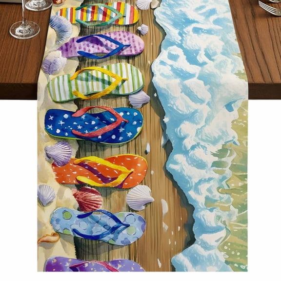 Summer Ocean Burlap Cotton Table Runner 16x72 Inches Long, Coastal Beach Shells Flip Flops Waves Turquoise Farmhouse Table Runners, Outdoor Dining Tablecloths Decor for Baby Shower/Party/Wedding